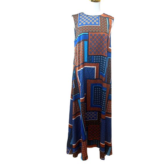 Misa Blue Patchwork Midi Dress MEDIUM Satin Vacation Aline Weekend Designer $410 - Picture 6 of 13